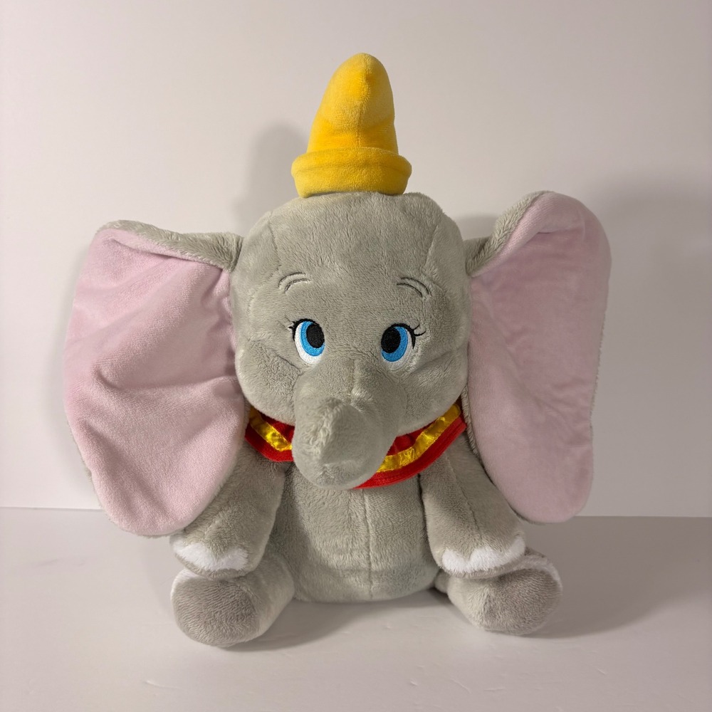 Disney Store Dumbo Plush Stuffed Animal 14 Inch Elephant Yellow Hat Grey Pink